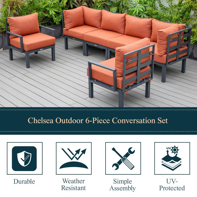 Chelsea 6-Piece Outdoor Patio Sectional Set in Black Aluminum with Removable Cushions for Backyard Garden and Patio Deck