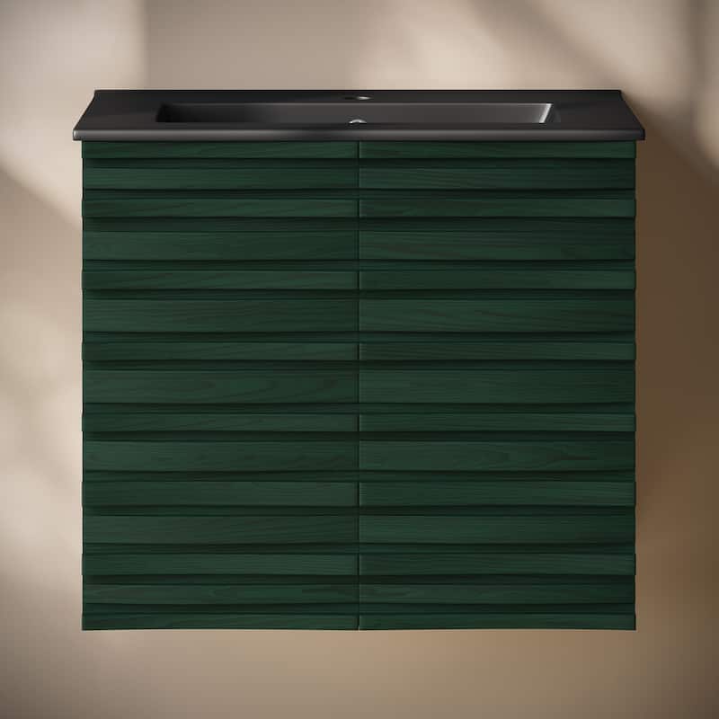Cascade 24" Wall-Mounted Bathroom Vanity In Green Oak With Black Sink Top - 24