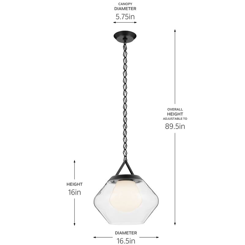 Kichler Lighting Nella 16 Inch 1 Light Pendant with Clear Outer Glass with Opal Interior Glass in Black - 12