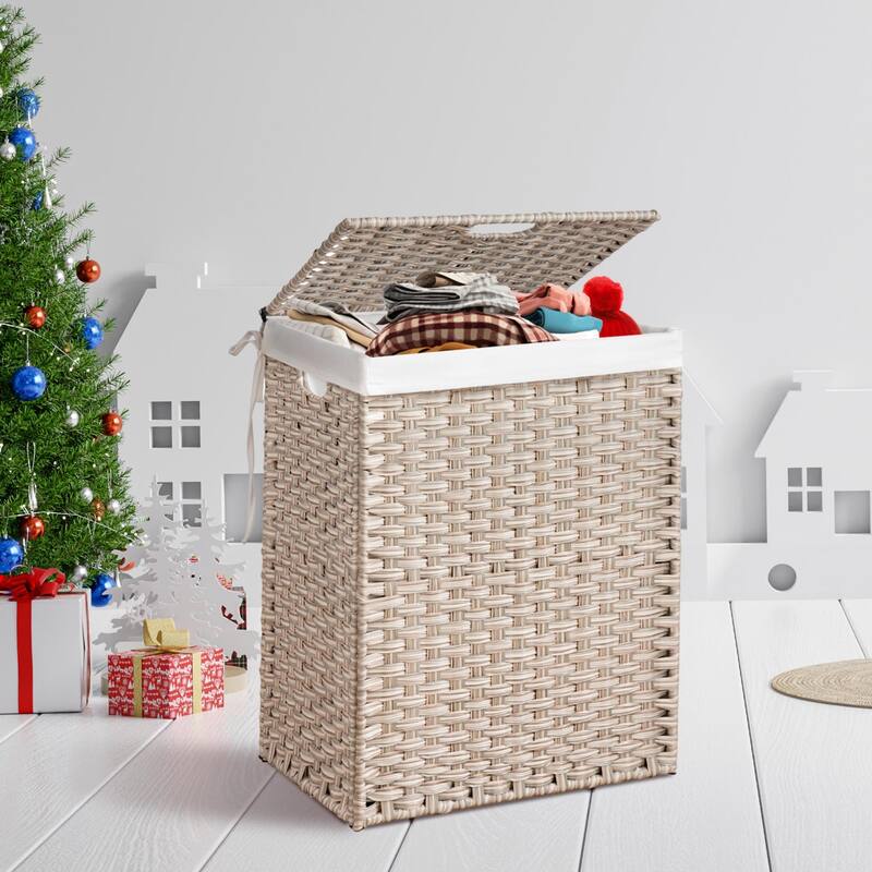 Grey Laundry Hamper with Lid - Durable PE Rattan Powder-Coated Frame, Includes 2 Removable Bags, 100L Capacity - Grey