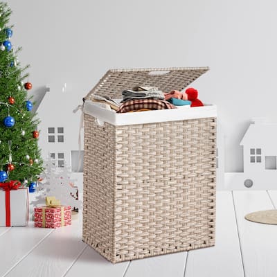 Grey Laundry Hamper with Lid - Durable PE Rattan Powder-Coated Frame, Includes 2 Removable Bags, 100L Capacity