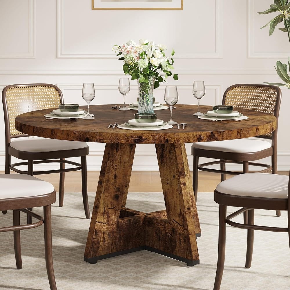 47" Round Dining Table for 4-6 People Rustic Wood Table with Pedestal Base for Kitchen Dining Room Living Room