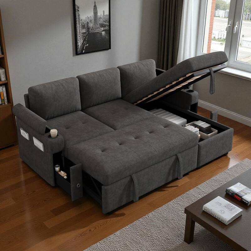 83.5" L-Shaped Convertible Sectional Sofa Bed with Storage Chaise Cup Holders USB Ports Chenille Couch for Living Room