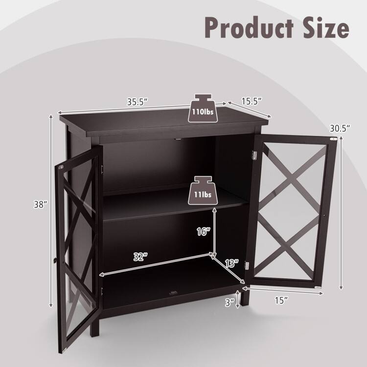 Buffet Cabinet with Tempered Glass Doors & Adjustable Shelves for Kitchen - 35.5" x 15.5" x 38" (L x W x H)