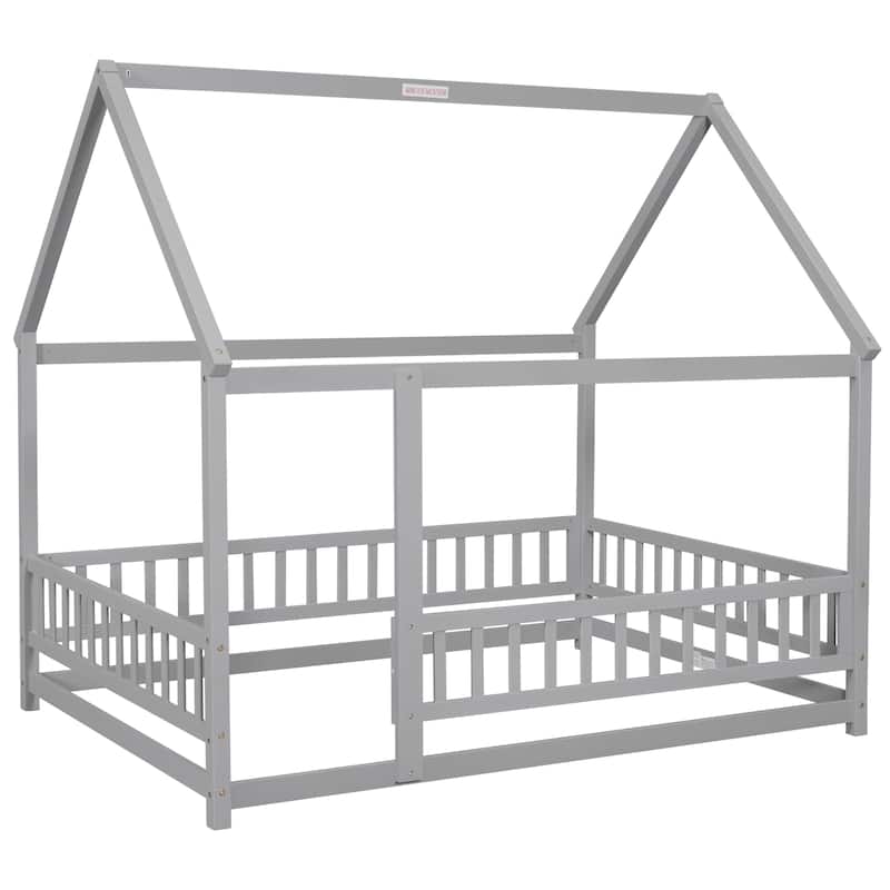 Floor Wooden Bed with House Roof Frame