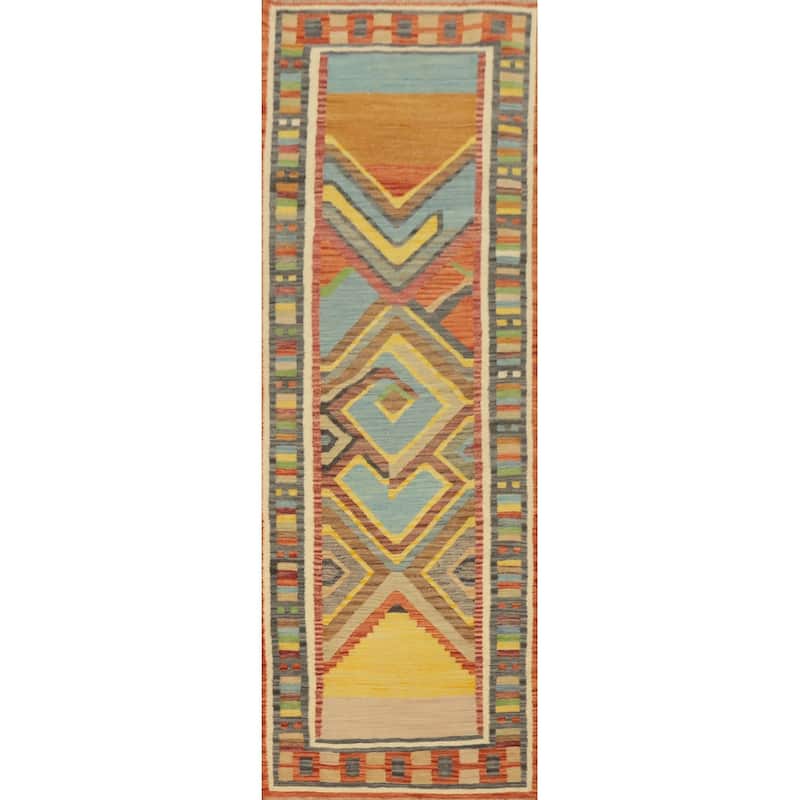 Hand Woven Oriental 100% Wool Carpet Southwestern Modern Multi-Colored Kilim Runner Rug - 10' 1'' X 2' 9''