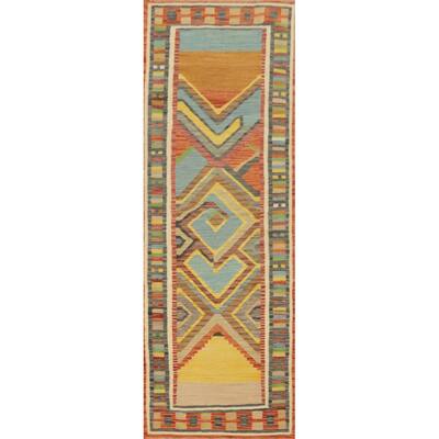 Hand Woven Oriental 100% Wool Carpet Southwestern Modern Multi-Colored Kilim Runner Rug - 10' 1'' X 2' 9''