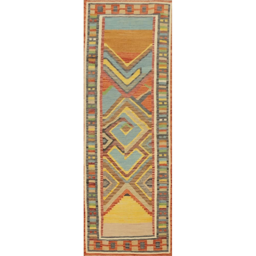 Hand Woven Oriental 100% Wool Carpet Southwestern Modern Multi-Colored Kilim Runner Rug - 10' 1'' X 2' 9''