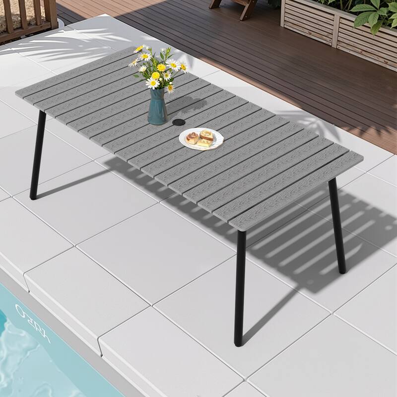 70in Outdoor Patio Rectangle Aluminum Wood-Like Dining Table with Umbrella Hole
