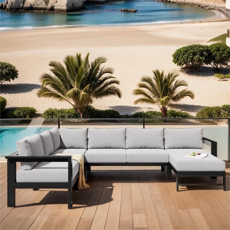 U-shaped Outdoor Modular Sofa Set with Metal Frame - Grey