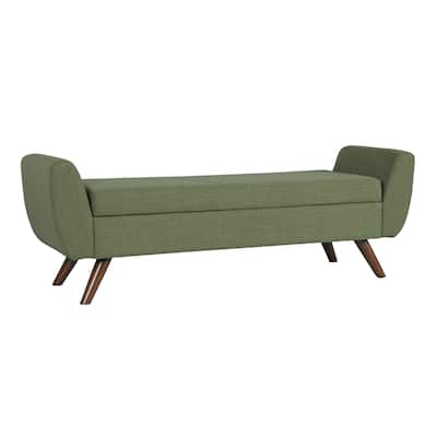Rae Storage Bench Ottoman with Arms, Olive Green Woven Fabric, 60 Inch