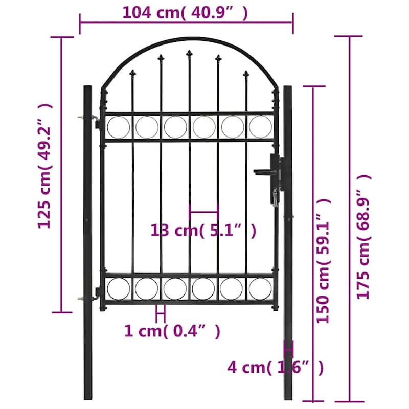 vidaXL Fence Gate with Arched Top Steel 39.4" x 49.2"/59.1"/68.9"/78.7" Black
