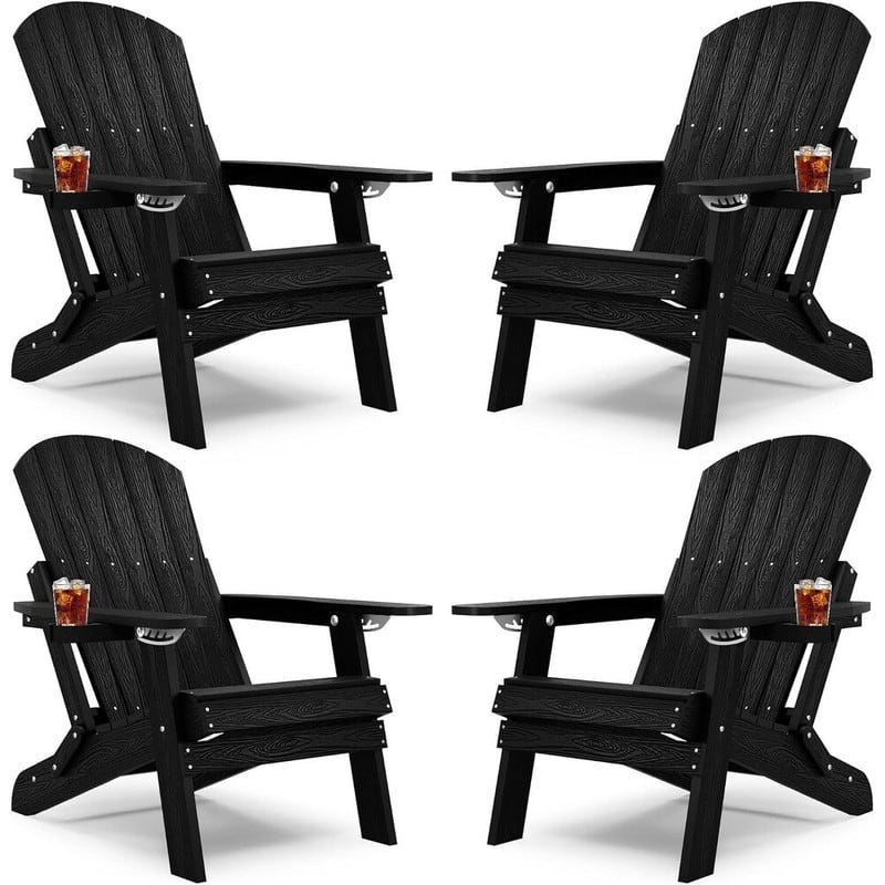 WINSOON All Weather HIPS Folding Adirondack Chair with Ottoman, 5-Gear Adjustable Backrest and Retractable Ottoman Set of 4