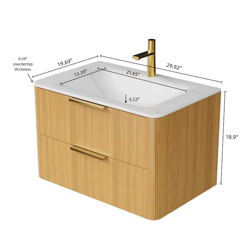 30"/36" Wall-Mounted Bathroom Vanity with Sink, Floating Vanity Base with Sintered Stone Hot-bent Integrated Basin