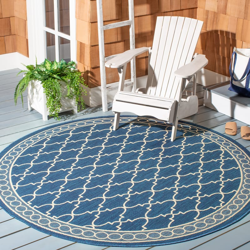 SAFAVIEH Courtyard Denis Trellis Indoor/ Outdoor Waterproof Patio Backyard - 6'7" x 6'7" Round - Navy/Beige - Round