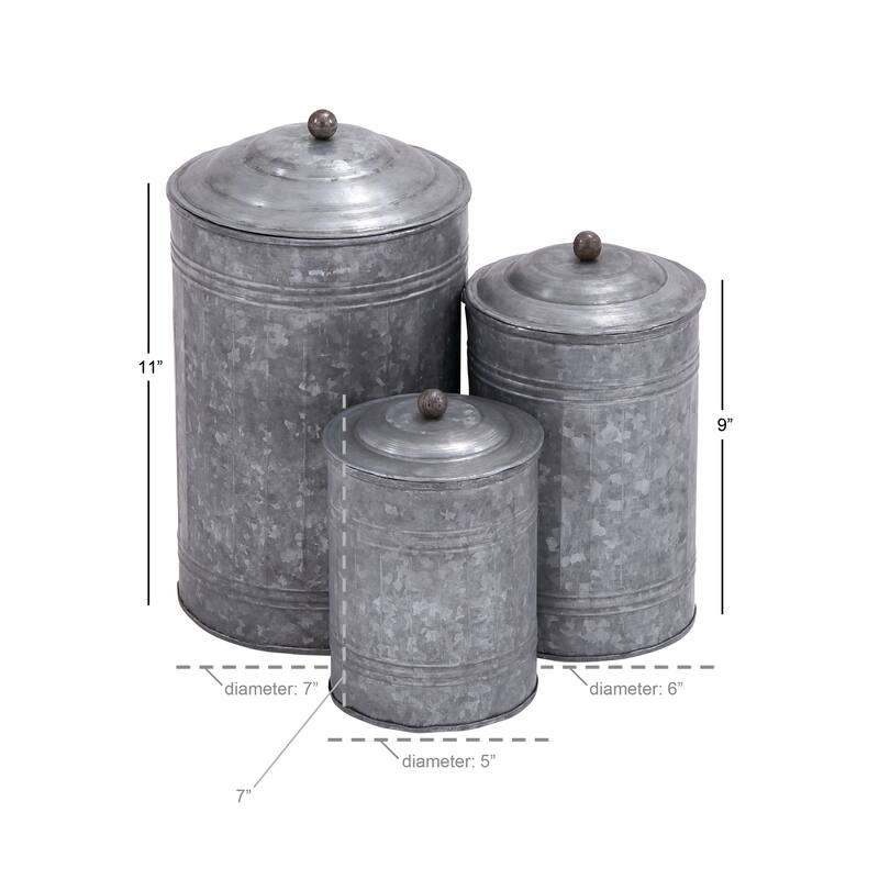 Gray Metal Galvanized Ribbed Living Room Decorative Jars with Gold Ball Knobs (Set of 3)