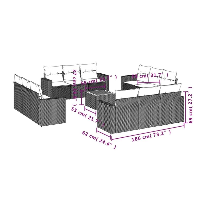 vidaXL Patio Sofa Set with Cushions Outdoor Furniture 13 Piece Poly Rattan - 25.8 x 24.4 x 27.2