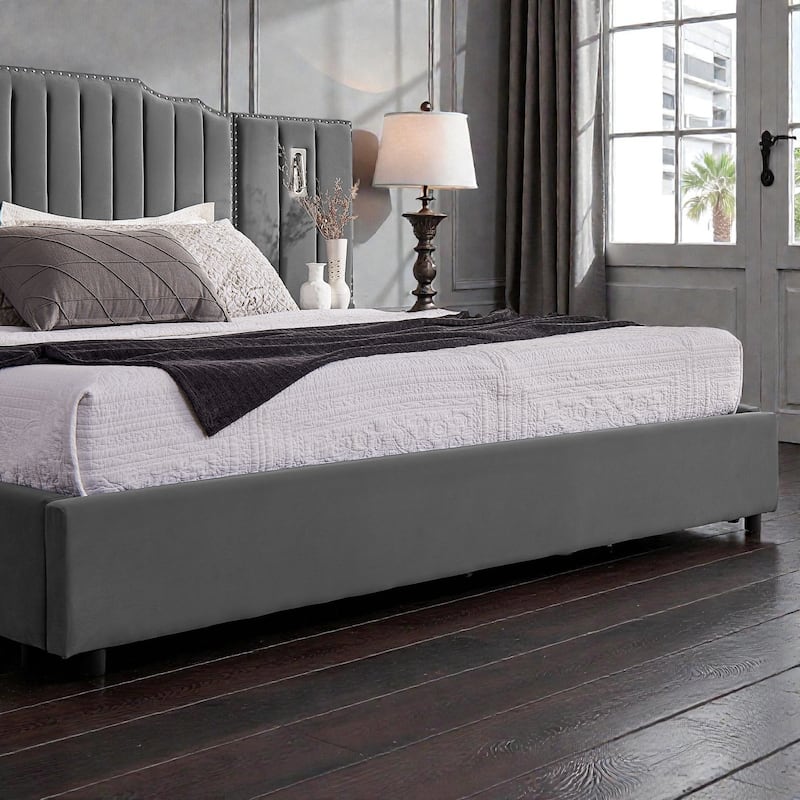 Modern Upholstered Bed Frame with Velvet Headboard, Vertical Channel Button Design, Integrated Nightstand, Platform Support