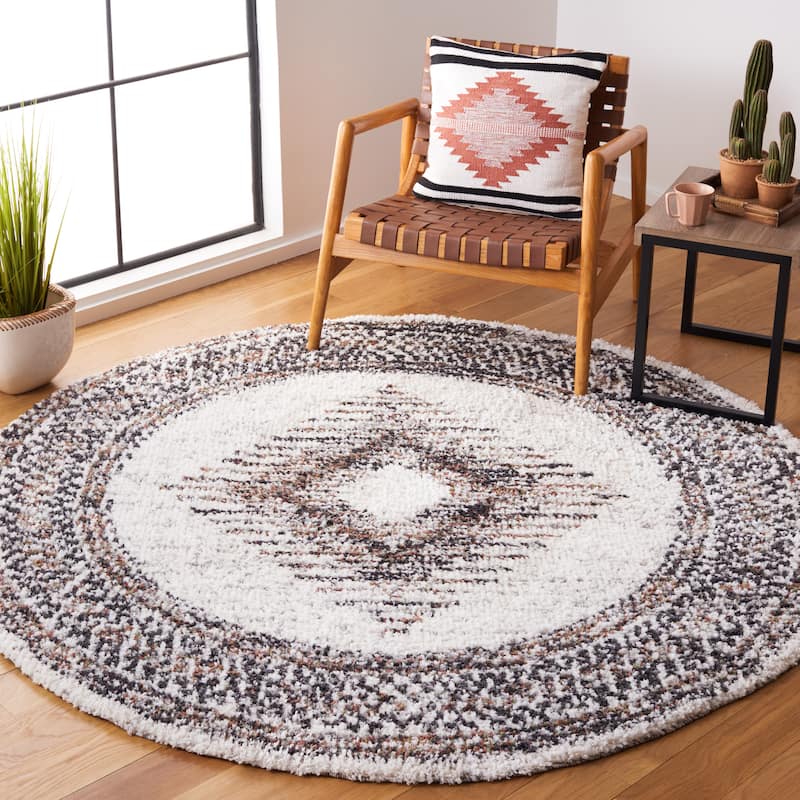 SAFAVIEH Jericho Shag Kendra Boho 1.2-inch Thick Rug - 6'7" Round - Black/Rust