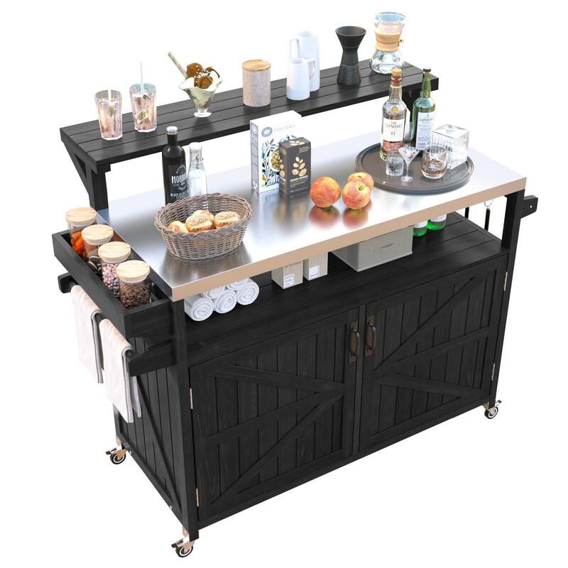 Outdoor Kitchen Island, Solid Wood Storage Cabinet with Stainless Steel Top and Lockable Wheels