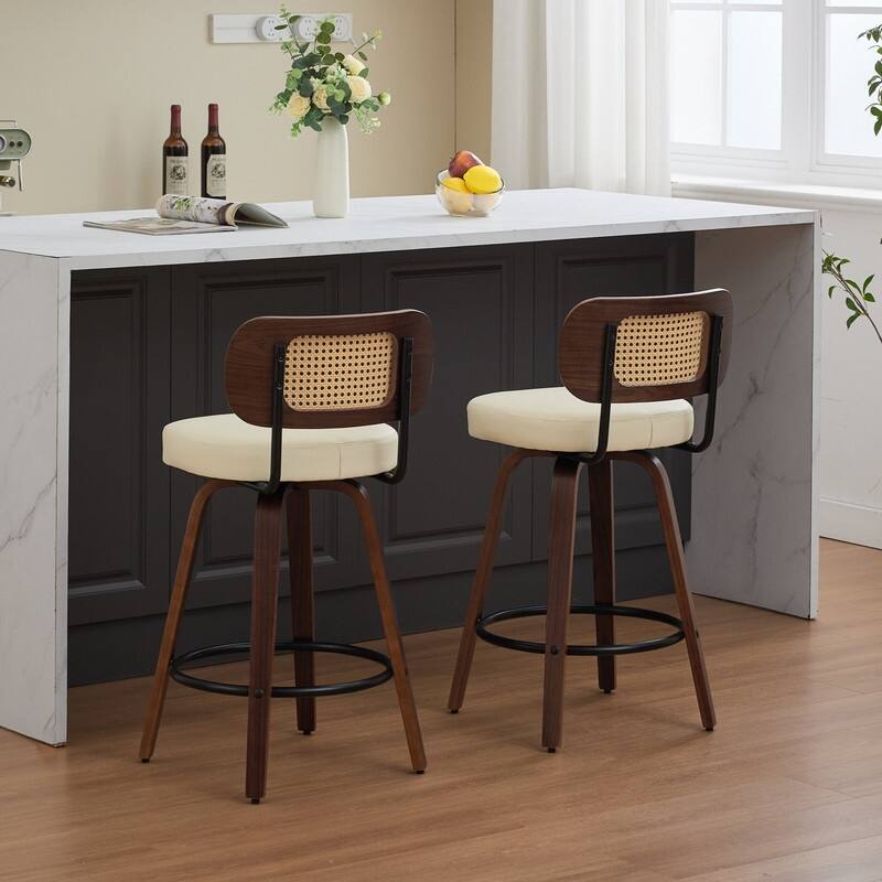 26" Swivel Rattan Bar Stools - Walnut Finish Counter Height Stools with Upholstered Seat