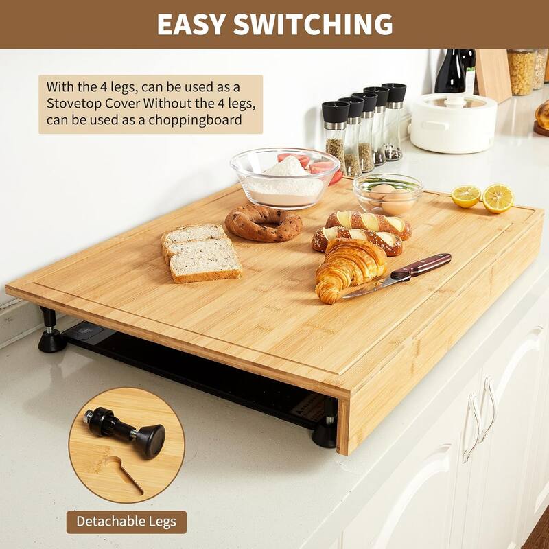 30" x 21" Extra Large Bamboo Cutting Board & Stovetop Cover, 2-in-1 Chopping Board with Detachable Feets
