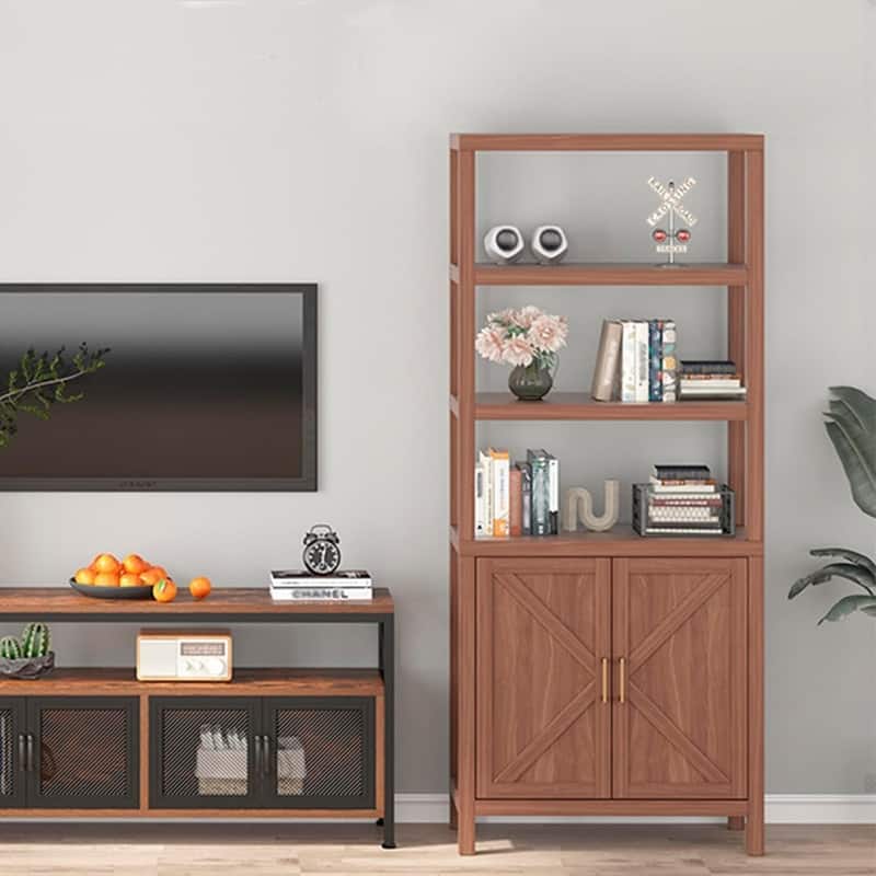 71" Tall Wooden Bookshelf with Adjustable Shelves and Cabinet Door Storage Bookcase
