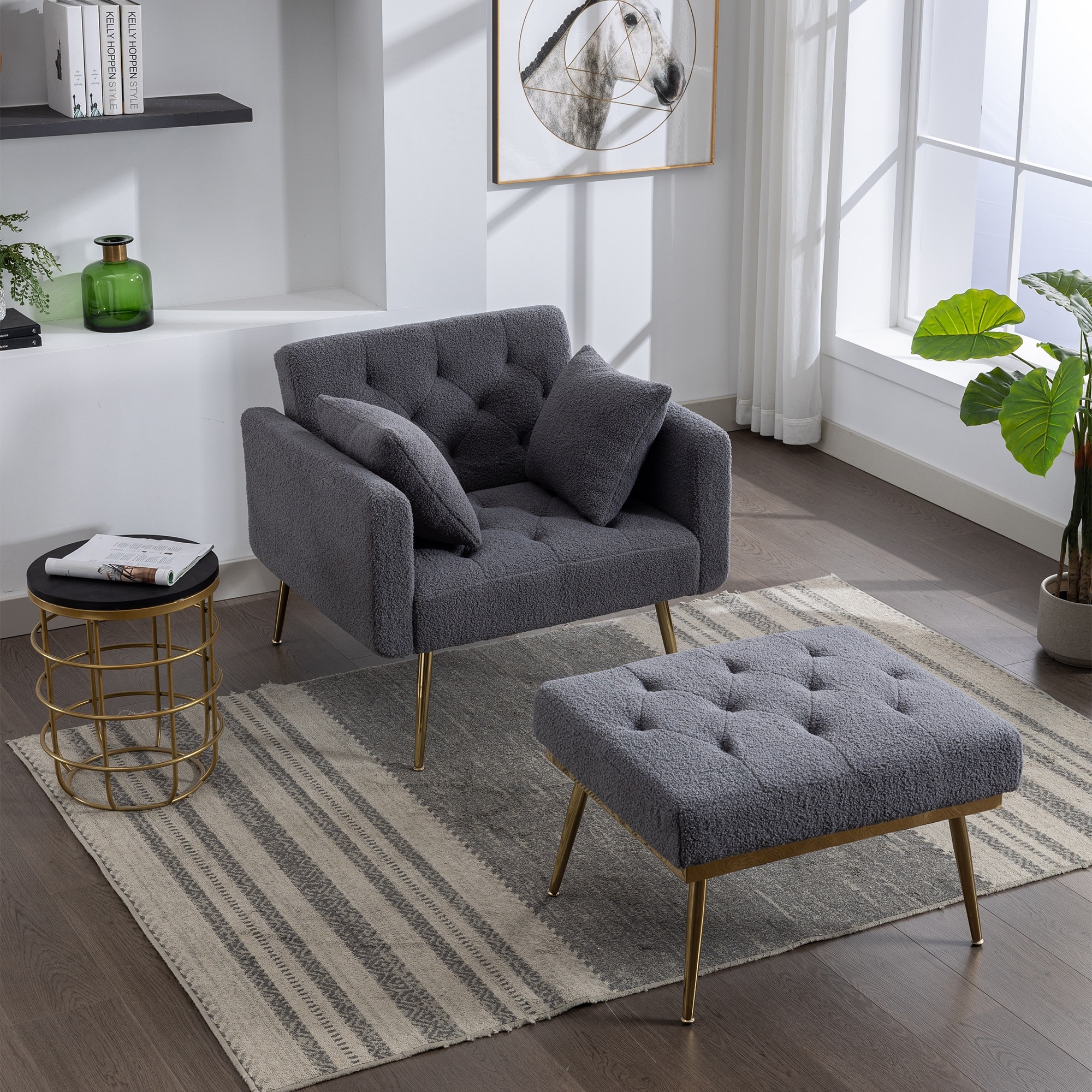 Grey Accent Chair with Adjustable Backrest, Tufted Chaise lounge