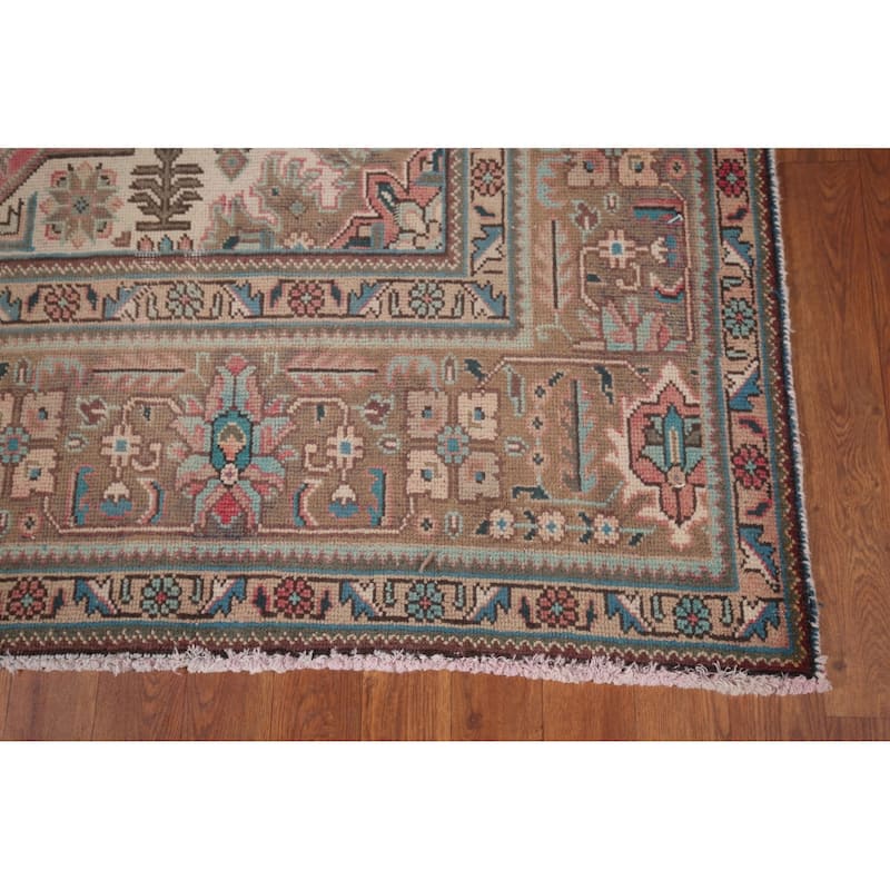 Pink Geometric Tabriz Persian Vintage Rug Hand-Knotted Wool Carpet - 6'7"x 9'8"