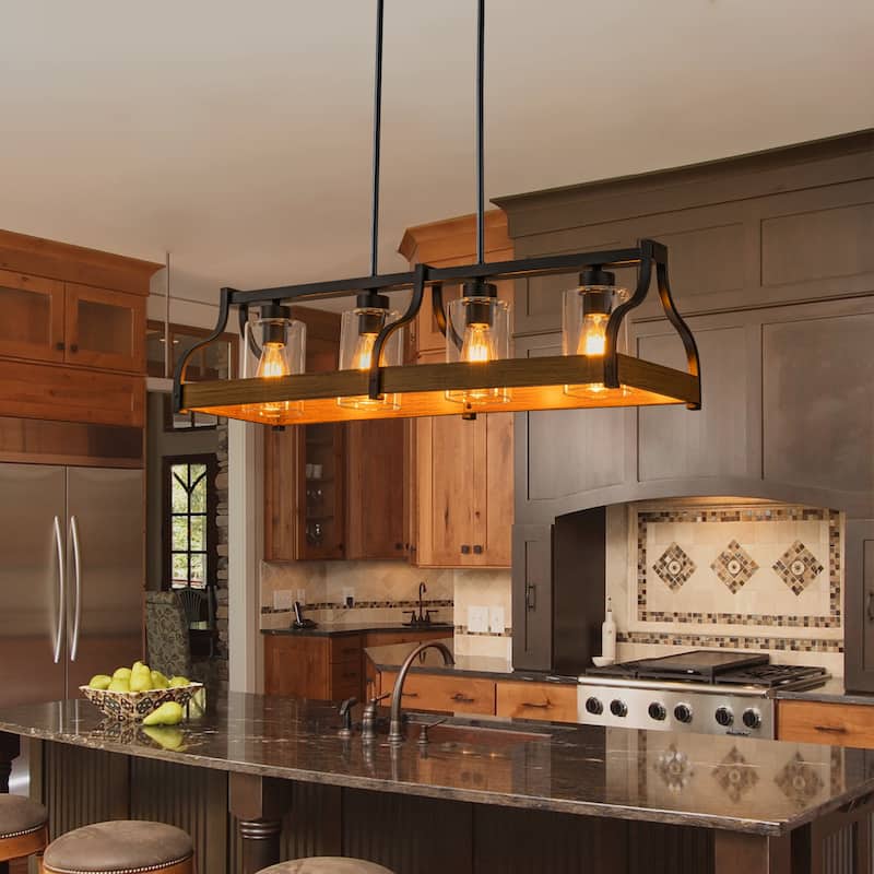 Starsky 4-Light Modern Farmhouse Black Chandelier Wooden Linear Kitchen Island Light