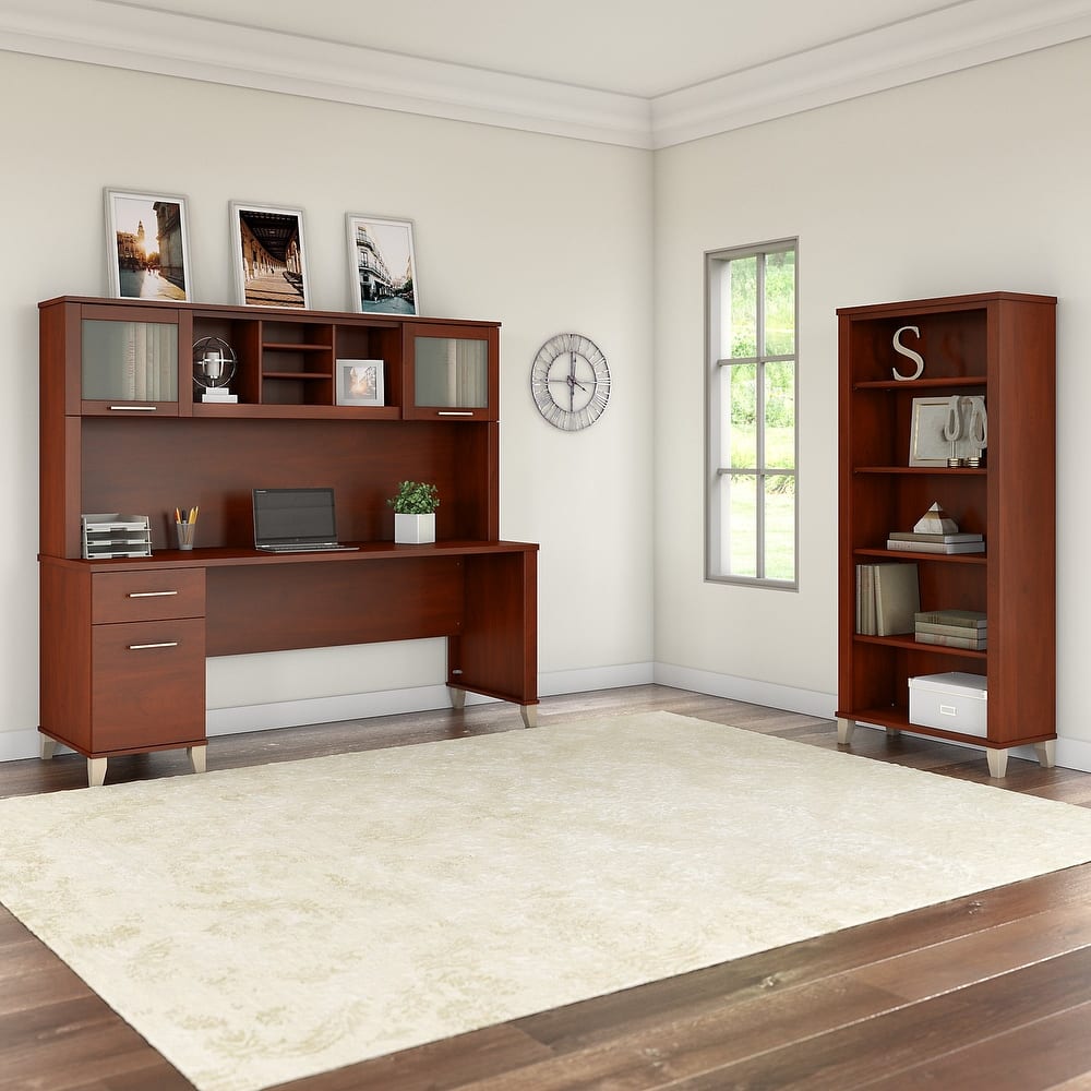 Somerset 72W Office Desk with Hutch and 5 Shelf Bookcase in Ash Gray