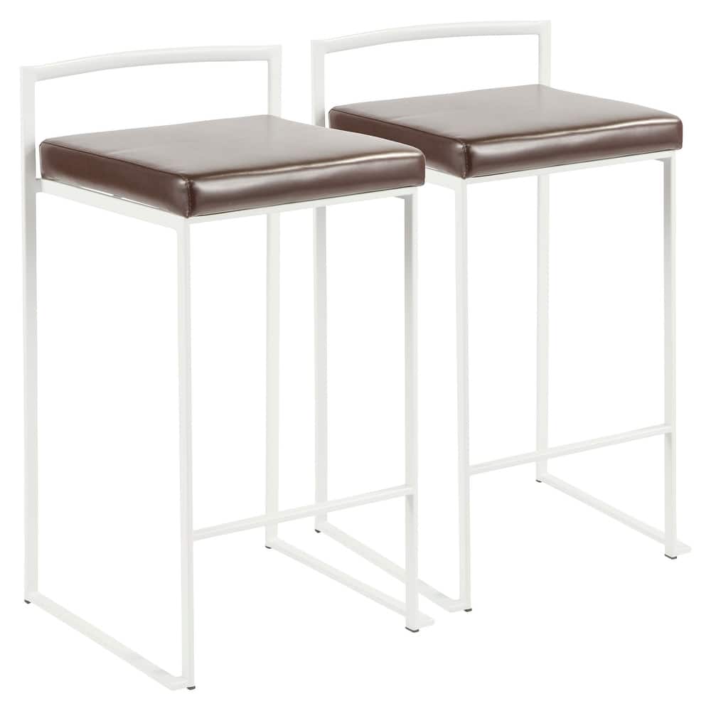 Lumisource Counter Stool in White with Grey Faux Leather - Set of 2 - 16"Lx17.5"Wx31"H