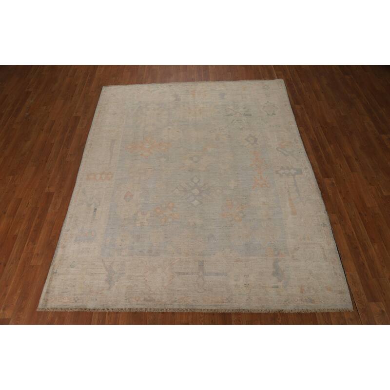 Geometric Vegetable Dye Oushak Turkish Rug Hand-Knotted Wool Carpet - 6'3"x 8'2"