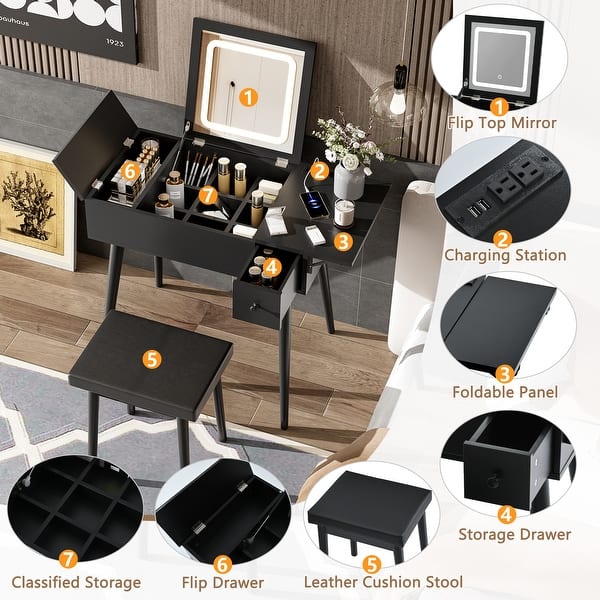 knee length dresses for ladies SlayStation Maison Faux Leather Premium Vanity Table w/ RGB Light + Vanity Mirror Bundle, Black main image 1