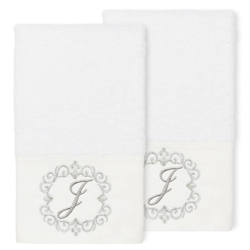 Authentic Hotel and Spa 100% Turkish Cotton Monica 2PC Embellished Hand Towel Set - J - White
