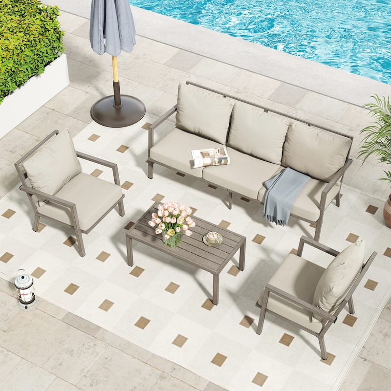 MornLift 4-Piece Aluminum Outdoor Patio Conversation Set with Beige Cushions, Sofa and Coffee Table