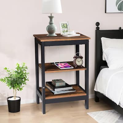 Javlergo 3 Tier Open Shelf Nightstand with Charging Station 2 AC Outlets 2 USB Ports Multipurpose Table for Bedroom Living Room