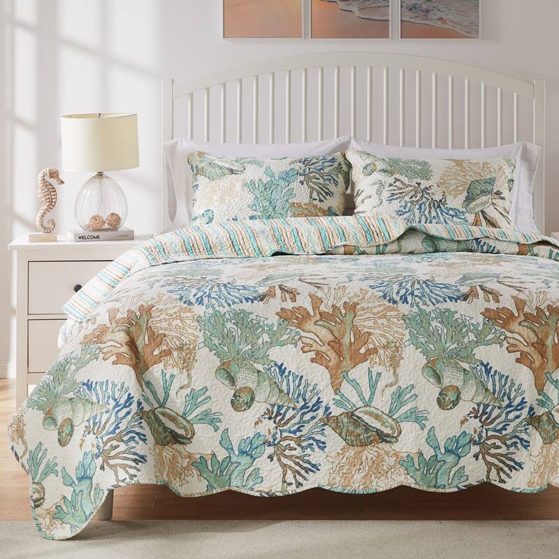 Greenland Home Fashions Atlantis Jade Reversible Quilt Set - Jade (3 Piece) - Full - Queen