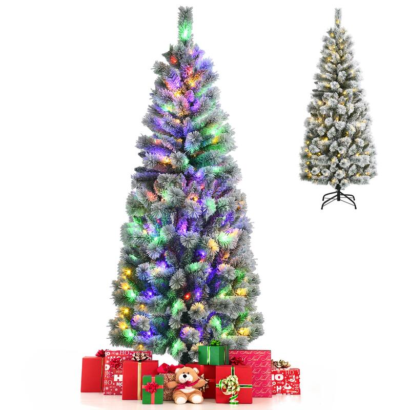 Gymax 5/6/7.5/8 ft Pre-lit Snow Flocked Artificial Christmas Tree w/ - 6 Foot