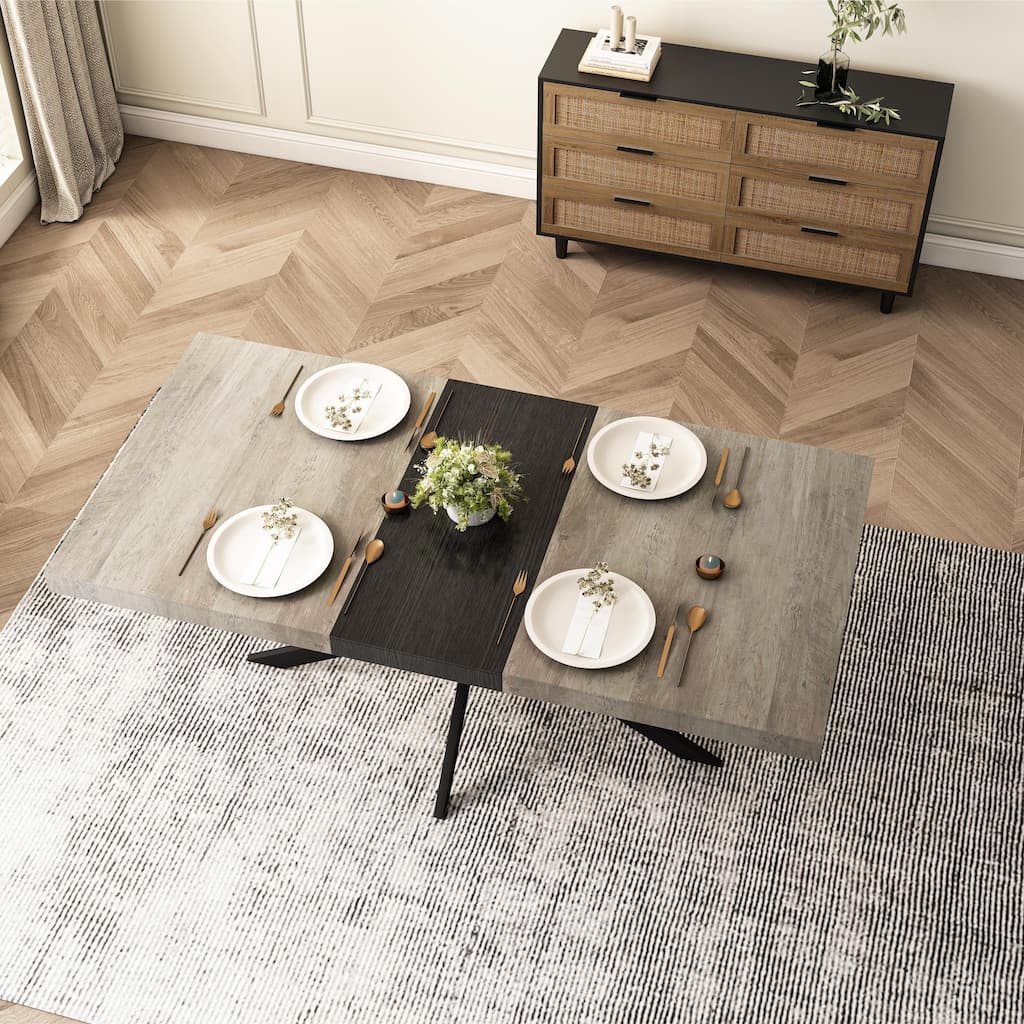 Roomfitters 55.11''-70.86'' Retro Rectangular Stretch Dining Table with Grey Carole Top, Black Embossed Center Plate