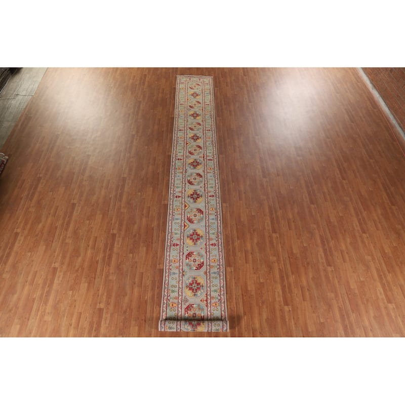 Hand Knotted Oriental 100% Wool Carpet Traditional Geometric Multi-Colored Kazak Runner Rug - 19' 10'' X 2' 6''
