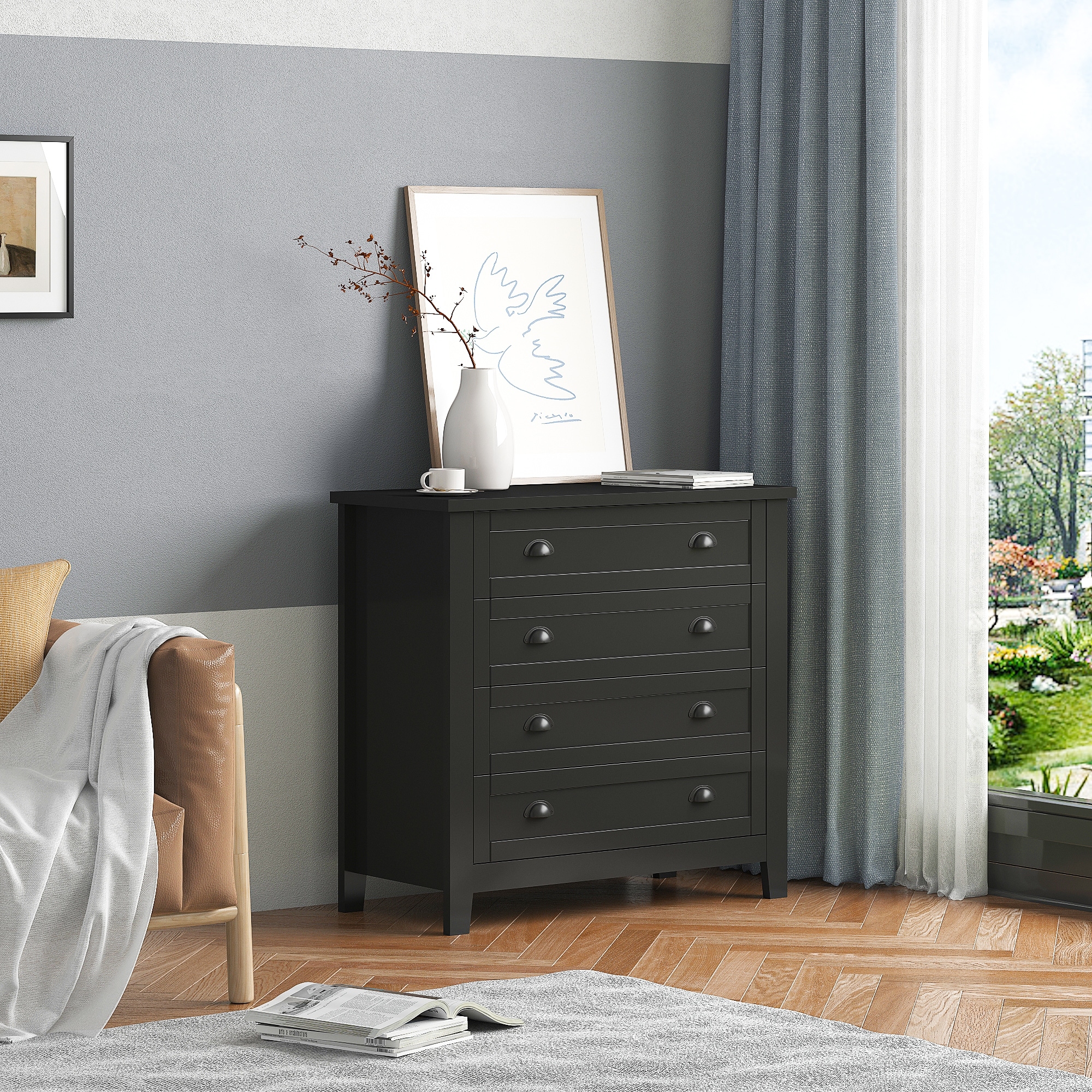 4 Drawer Dresser Storage Cabinet Console Table with Solid Wood Frame Grayish Blue