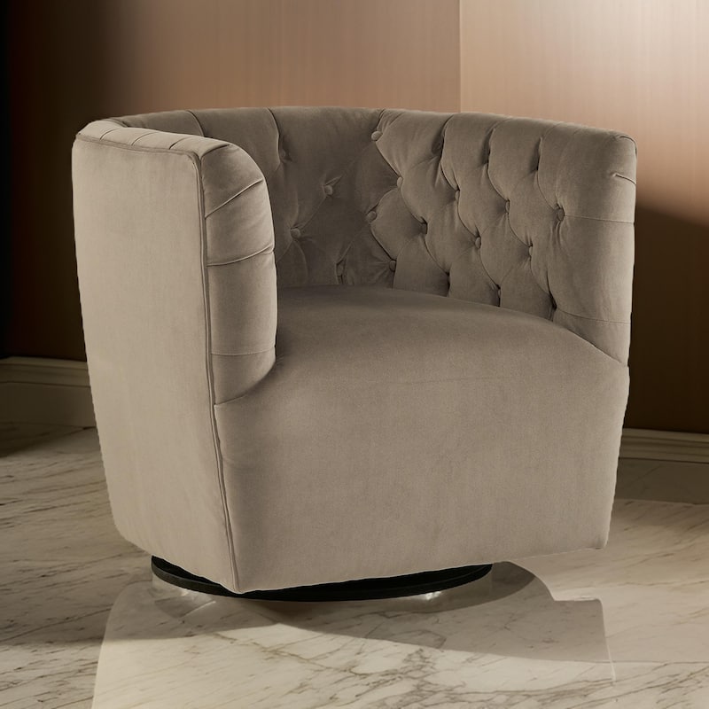 Heena Swivel Accent Chair, Brown Polyester, Tufted Barrel Back, Black Metal