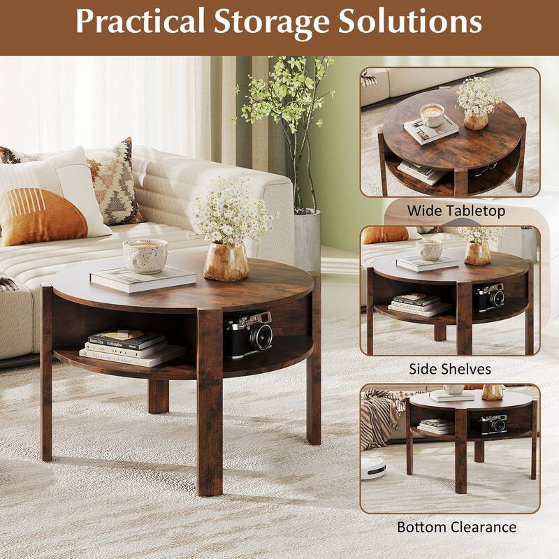 Gymax 29.5'' 2-Tier Round Coffee Table w/ Storage 4 Shelves Faux