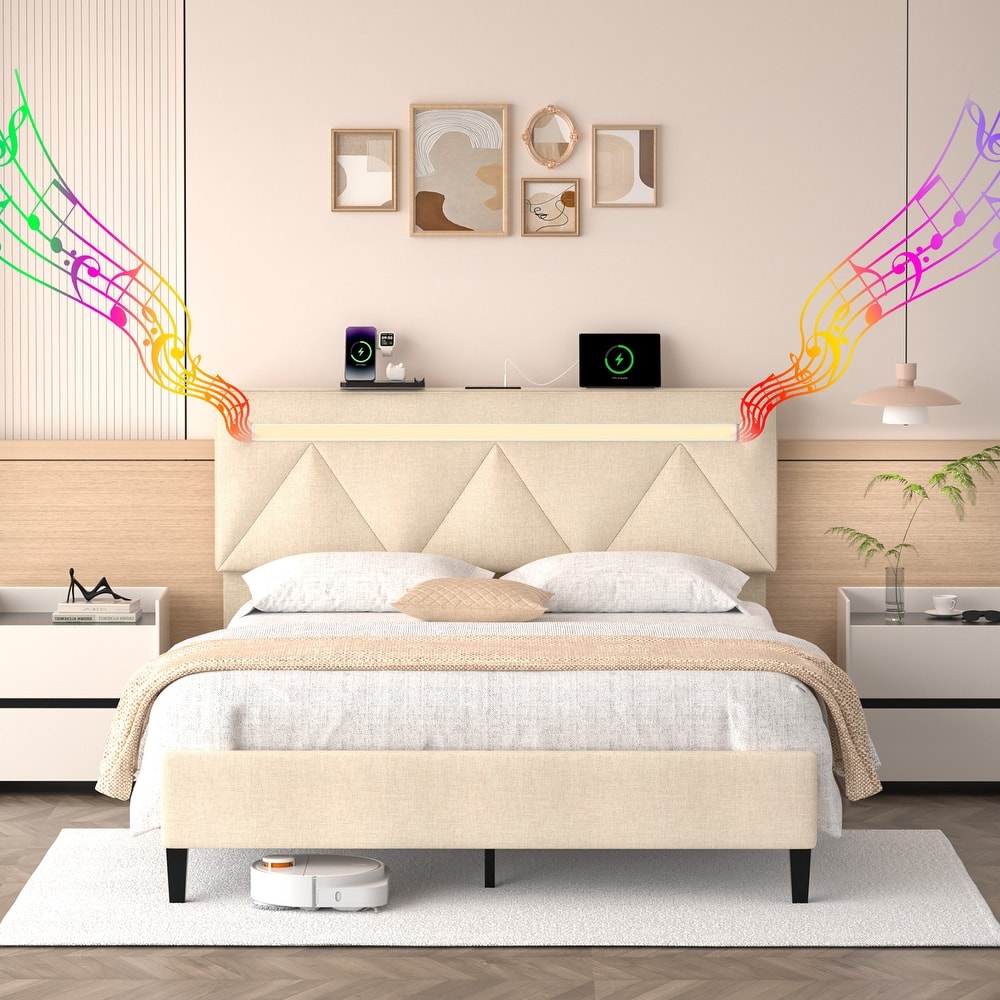 Upholstered Platform Bed Frame with Adjustable Height Headboard, Charging Station & LED Lights, Wooden Slats, Noise Free, Beige