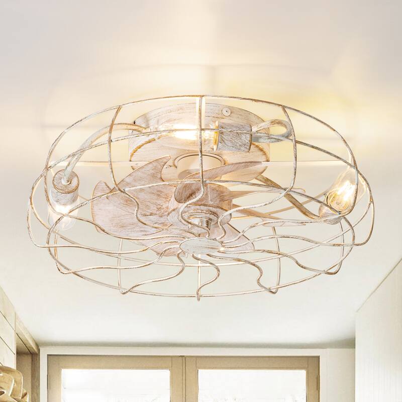 19 Inch 7-Blade Enclosed Indoor Flush Mount Caged Ceiling Fan with Light and Remote