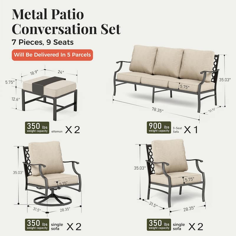 MAISON ARTS Patio Conversation Sets 5/7/9-Seat, Sofa Set with 2 Single Sofa Chairs, 3-Seater Sofa, Ottoman and Coffee Table