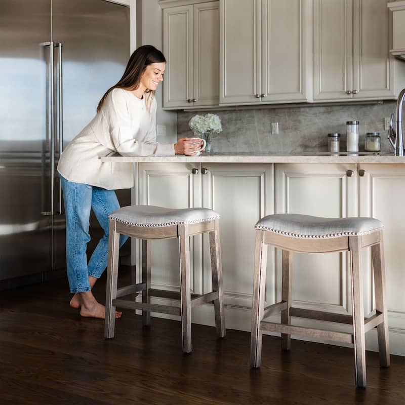 Maven Lane Adrien Backless Saddle Kitchen Counter Stool in Walnut Finish w/ Grey Fabric Upholstery