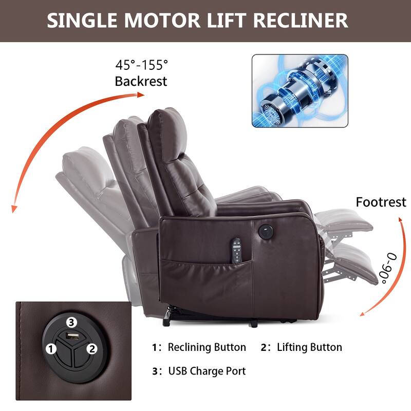 Roomfitters Power Lift Recliner Chair, Single Motor Massage Sofa with Heat and USB Port, Heavy Duty PU Leather