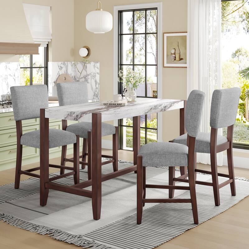 5-Piece Counter Height Dining Table Set, Faux Marble Bar Table and 4 Upholstered-Seat Chairs - White+gray